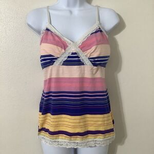 Vintage Y2K Multicolor Colorful Stripe Preppy Summer Lace Camisole Juniors L